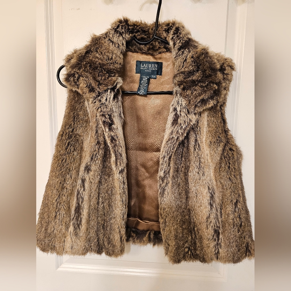 Lauren Ralph Lauren Womens Petite Medium Faux Fur Vest Mont Blanc Coyote 